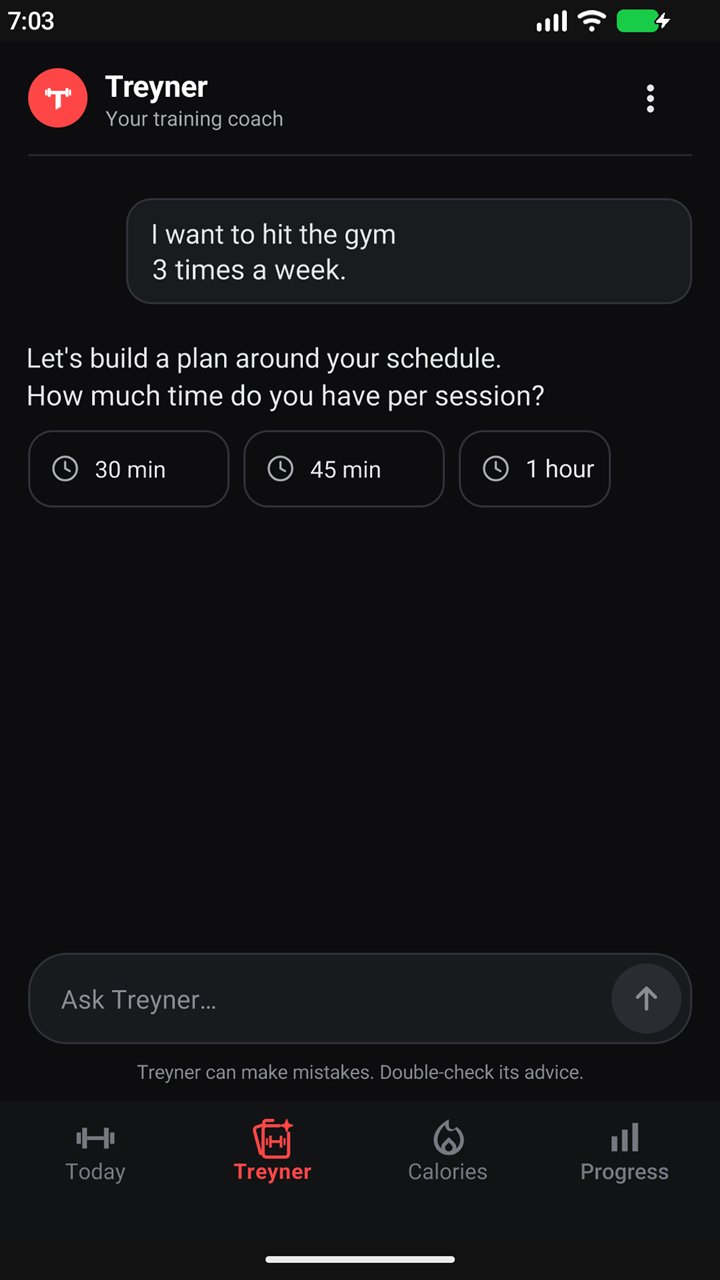 Chat with Treyner: I want to hit the gym 3 times a week. How much time do you have per session? 30 min, 45 min, 1 hour