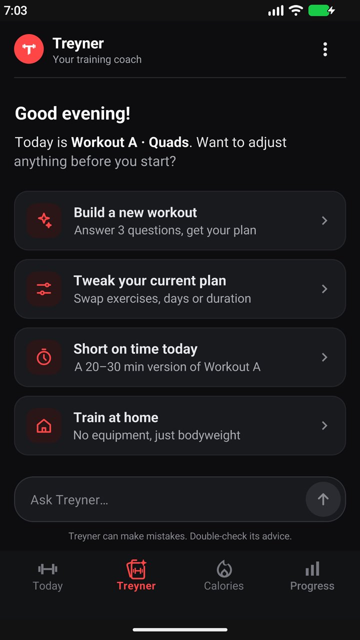 Treyner AI coach: build a new workout, tweak your plan, short on time, train at home