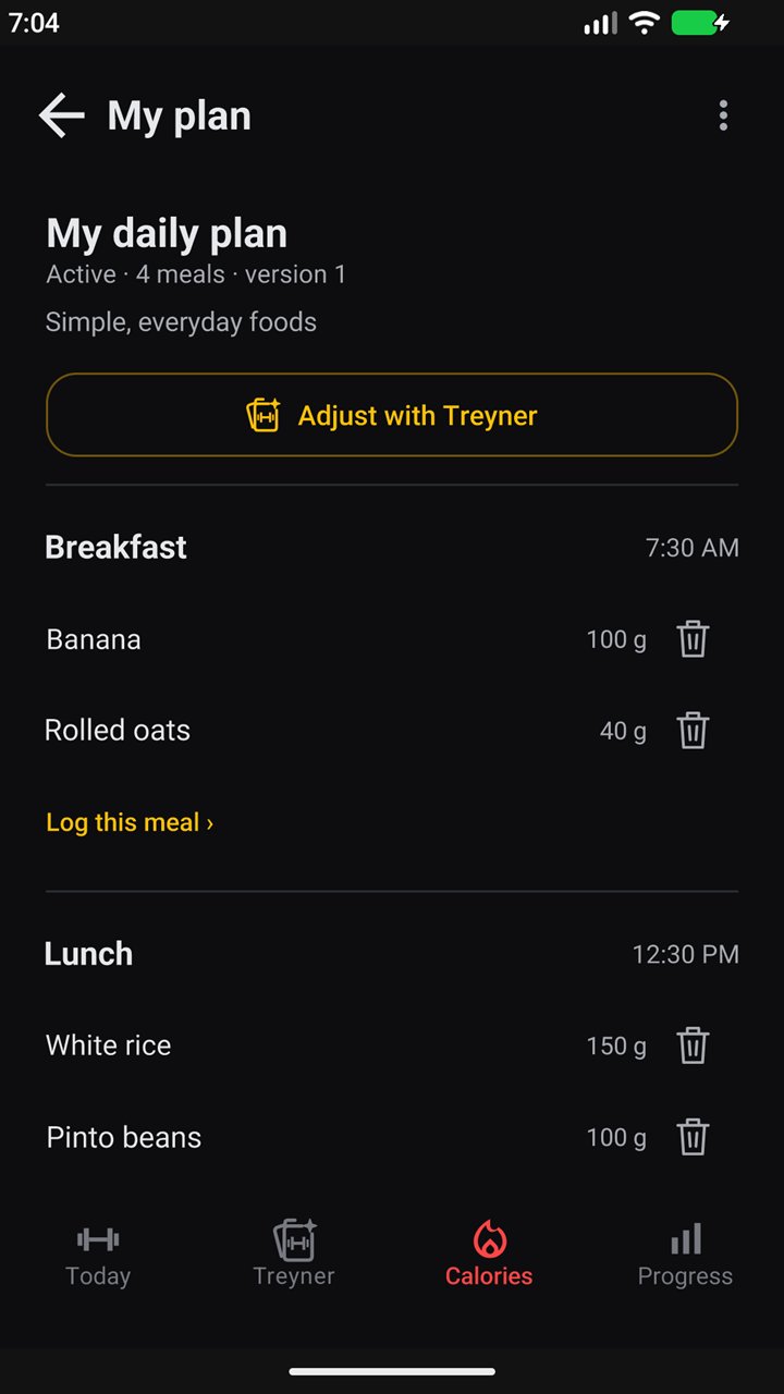 My daily plan: breakfast and lunch with foods and portions in grams