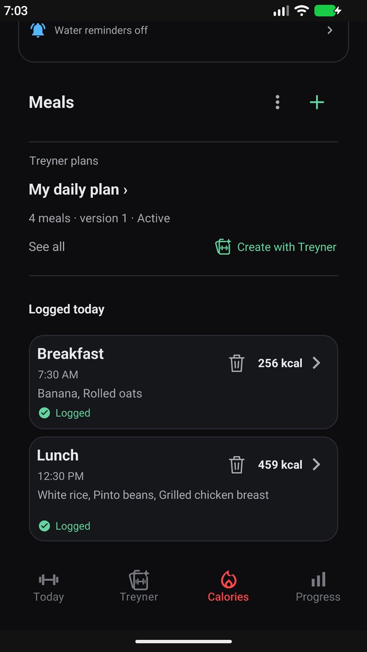 Meals logged today: breakfast and lunch, with Treyner meal plans