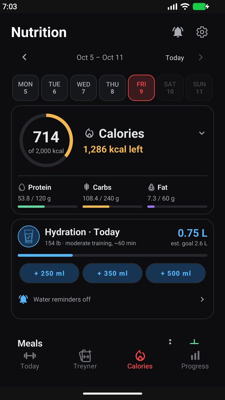 Nutrition screen with calories, protein, carbs, fat and hydration