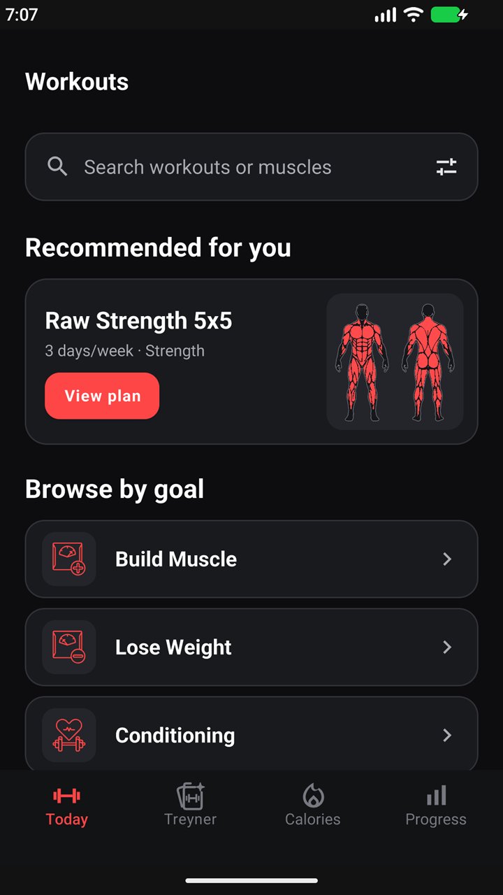 Workouts screen: Raw Strength 5x5 recommended, browse by goal: Build Muscle, Lose Weight, Conditioning
