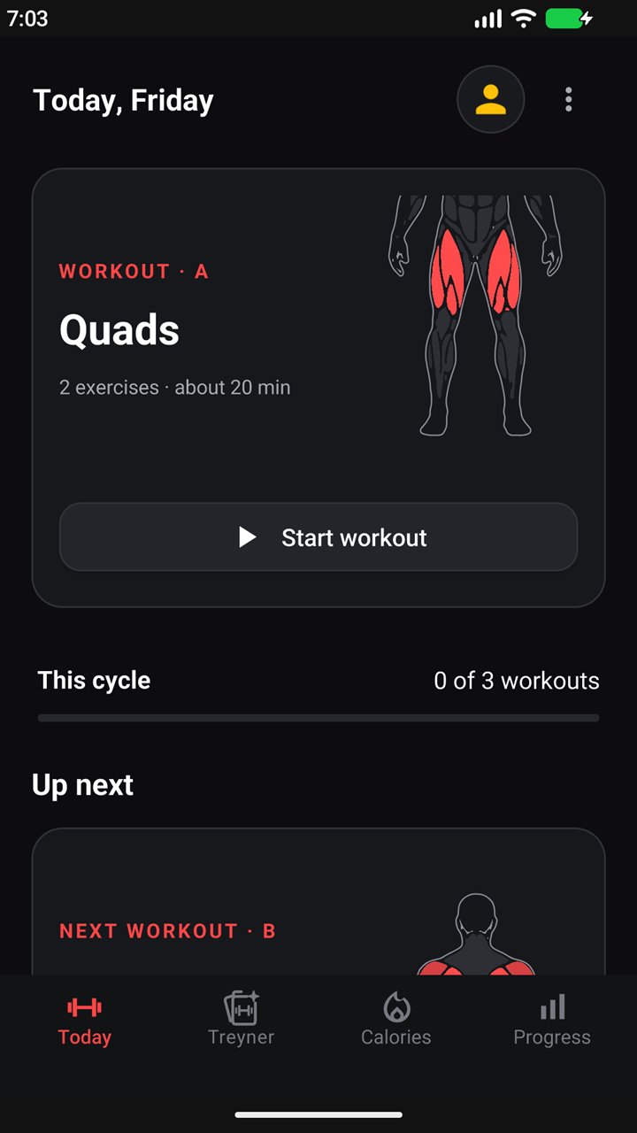 Today screen showing Workout A, Quads, with a Start workout button