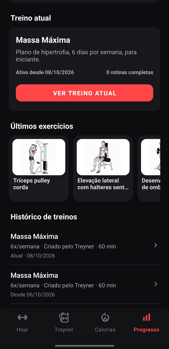 Treino atual, últimos exercícios com demonstrações e histórico de treinos