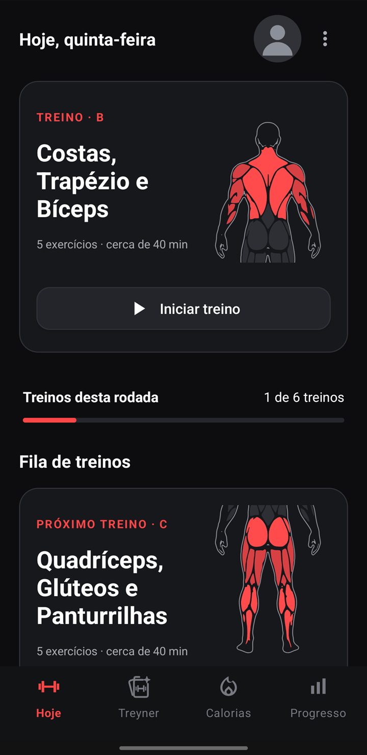 Tela Hoje do Treyne com o treino do dia: Costas, Trapézio e Bíceps, e a fila de próximos treinos