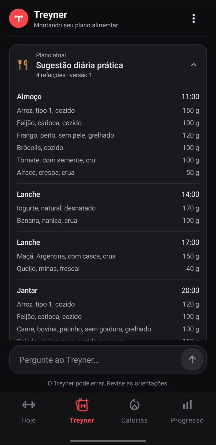 Plano alimentar sugerido pelo Treyner com almoço, lanches e jantar