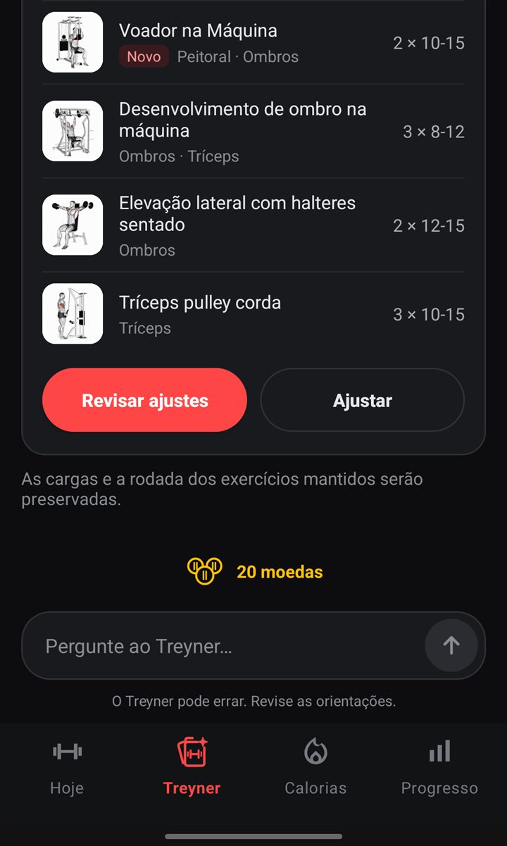 Treyner, o personal com IA, sugerindo ajustes no treino